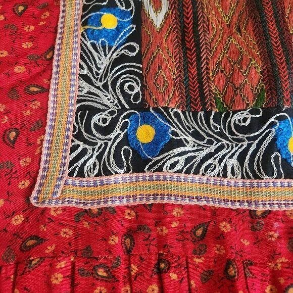 Vintage 70s Boho Maxi Peasant Dress Womens Size M Red Gauze Ethnic Embroidered T - Picture 4 of 5
